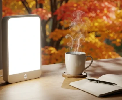 Lampe de luminothérapie allumée sur un bureau à côté d'une tasse de thé, ambiance automne