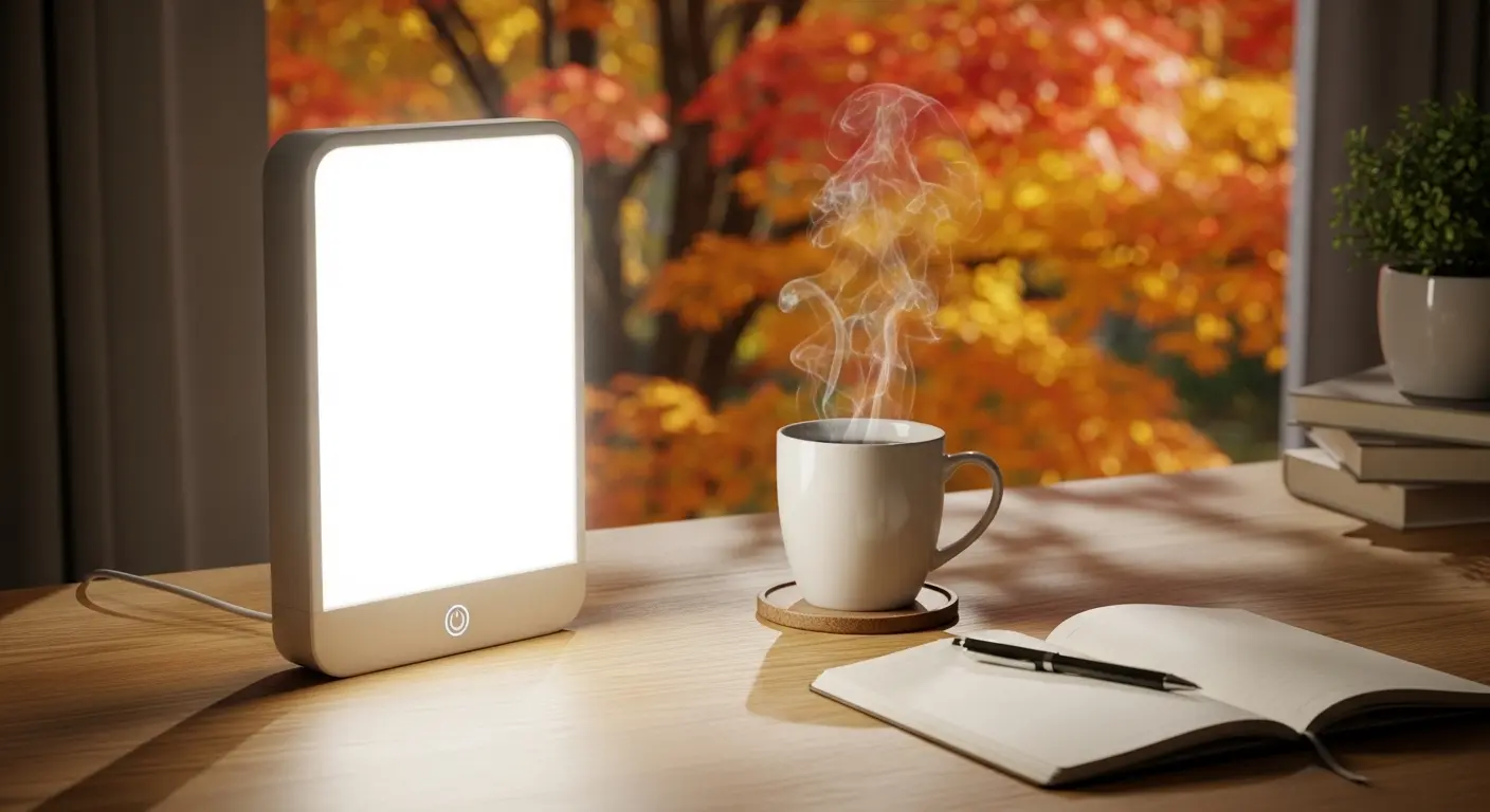 Lampe de luminothérapie allumée sur un bureau à côté d'une tasse de thé, ambiance automne