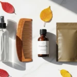 Sélection de produits capillaires naturels contre la chute de cheveux saisonnière sur une surface en marbre