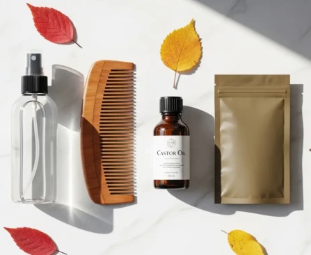 Sélection de produits capillaires naturels contre la chute de cheveux saisonnière sur une surface en marbre