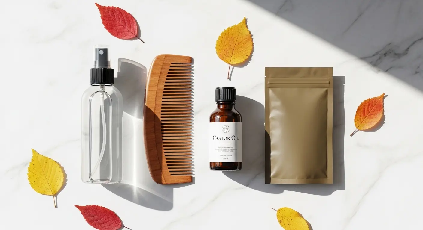 Sélection de produits capillaires naturels contre la chute de cheveux saisonnière sur une surface en marbre