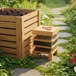 composteur de jardin en bois et lombricomposteur d'appartement posés côte à côte dans un jardin vert
