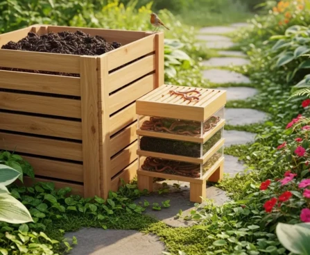 composteur de jardin en bois et lombricomposteur d'appartement posés côte à côte dans un jardin vert