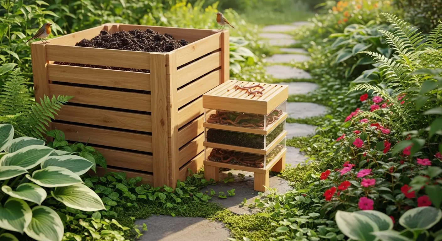 composteur de jardin en bois et lombricomposteur d'appartement posés côte à côte dans un jardin vert