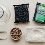 Matériel pour créer un terrarium disposé sur une table : bocal en verre, billes d'argile, charbon actif, substrat
