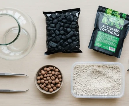 Matériel pour créer un terrarium disposé sur une table : bocal en verre, billes d'argile, charbon actif, substrat