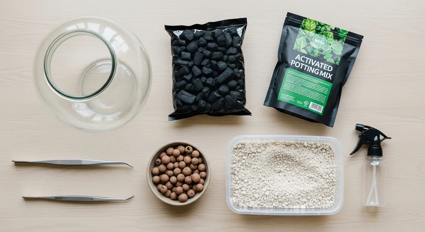Matériel pour créer un terrarium disposé sur une table : bocal en verre, billes d'argile, charbon actif, substrat