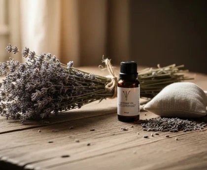 Diffuser la lavande à la maison : diffuseur ultrasonique blanc allumé avec fine vapeur, flacon d'huile essentielle et tiges de lavande séchée sur une étagère en bois