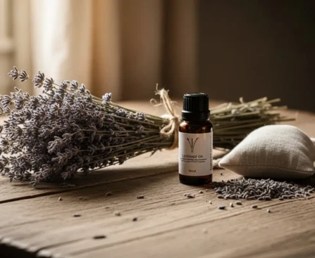 Diffuser la lavande à la maison : diffuseur ultrasonique blanc allumé avec fine vapeur, flacon d'huile essentielle et tiges de lavande séchée sur une étagère en bois