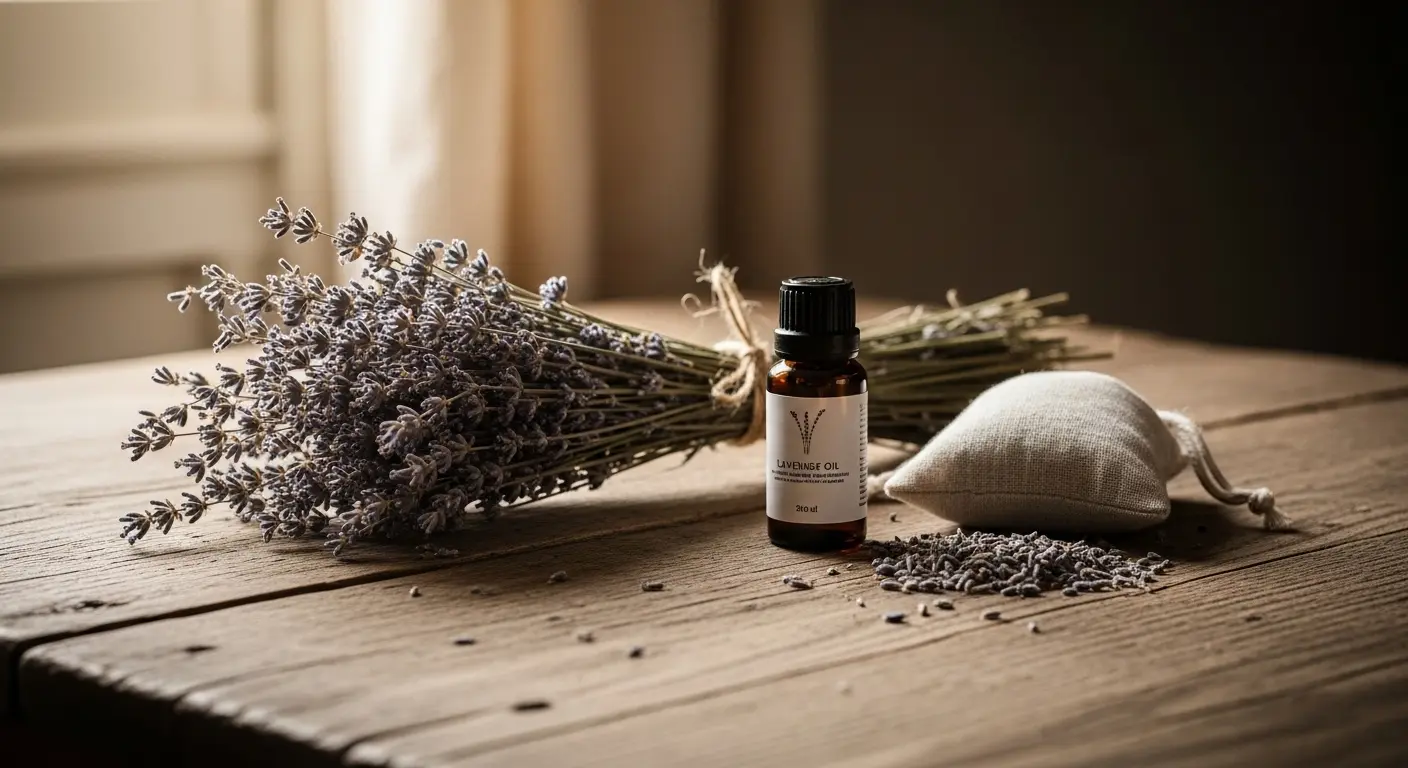 Diffuser la lavande à la maison : diffuseur ultrasonique blanc allumé avec fine vapeur, flacon d'huile essentielle et tiges de lavande séchée sur une étagère en bois