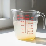 Verre doseur rempli d'eau de cuisson des pâtes amidonnée posé sur un plan de travail de cuisine