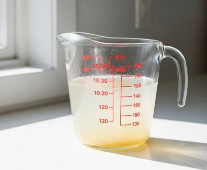 Verre doseur rempli d'eau de cuisson des pâtes amidonnée posé sur un plan de travail de cuisine