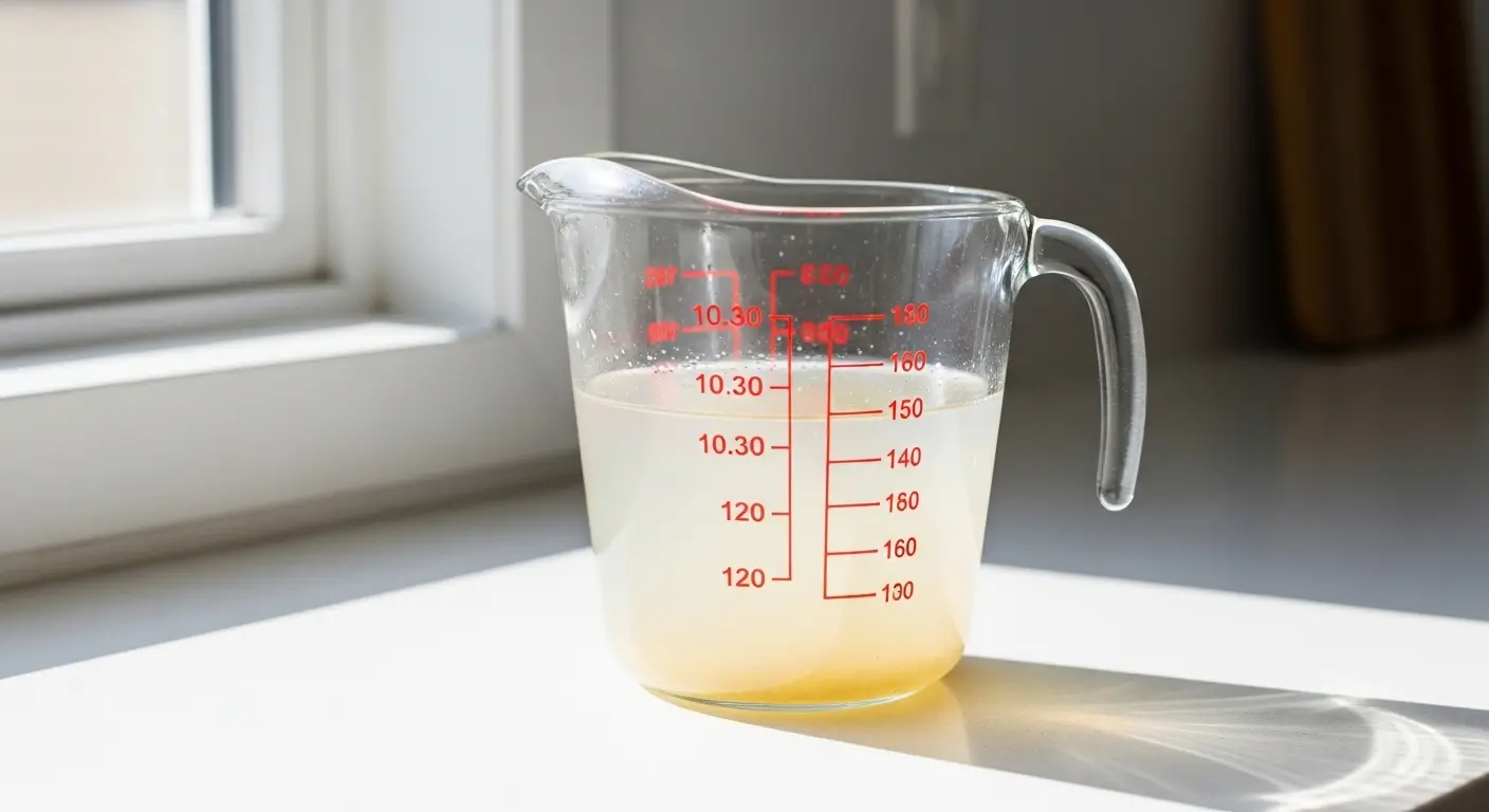 Verre doseur rempli d'eau de cuisson des pâtes amidonnée posé sur un plan de travail de cuisine