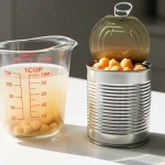 Verre doseur contenant de l'eau de pois chiches posé à côté d'une conserve de pois chiches ouverte