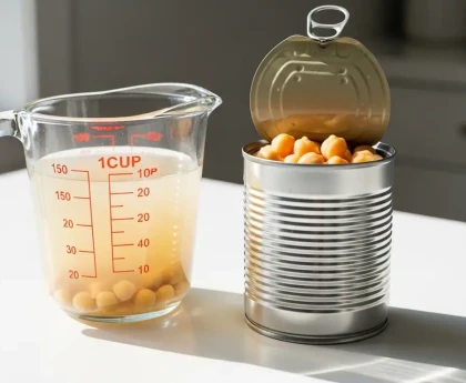 Verre doseur contenant de l'eau de pois chiches posé à côté d'une conserve de pois chiches ouverte