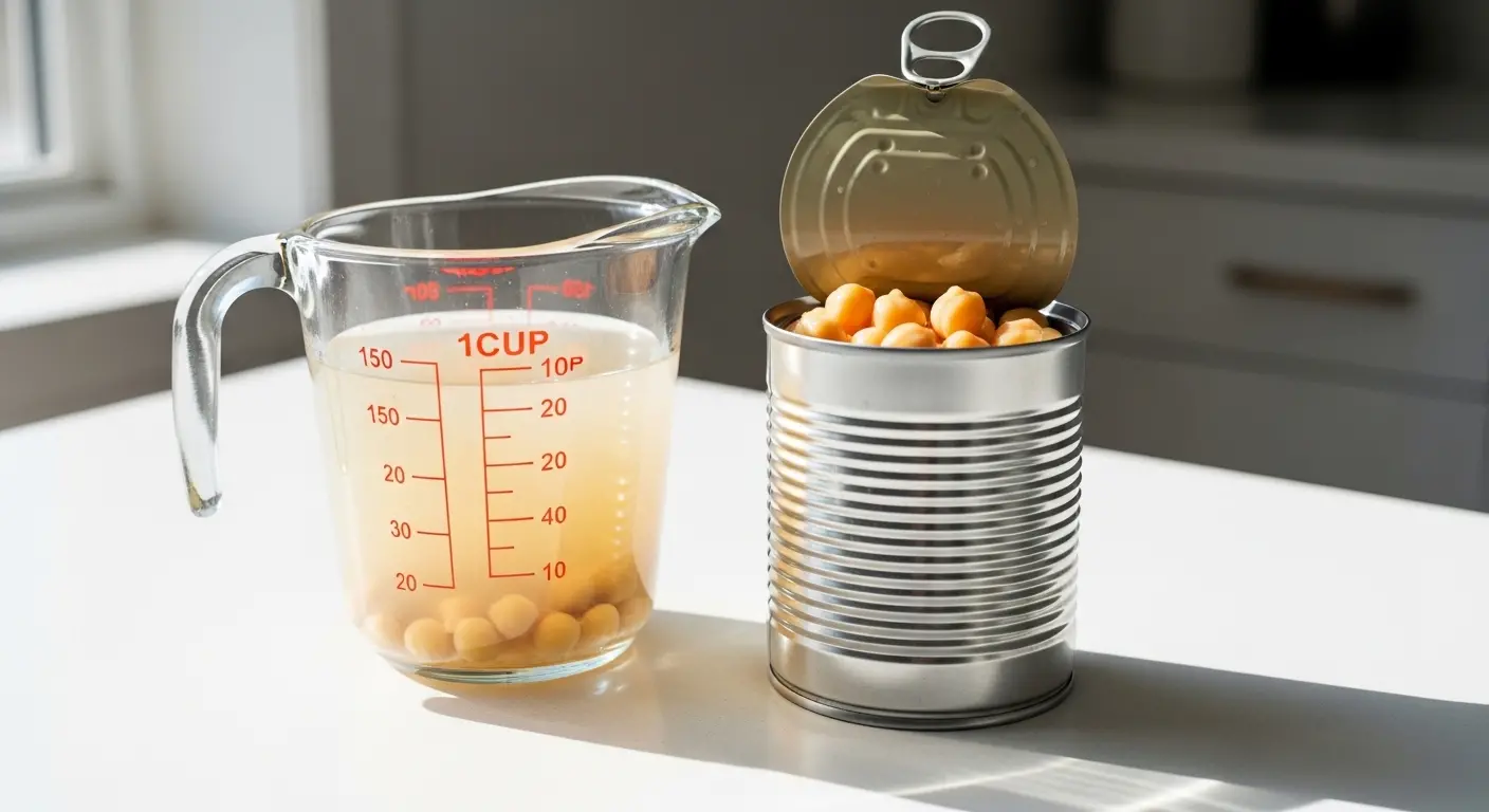 Verre doseur contenant de l'eau de pois chiches posé à côté d'une conserve de pois chiches ouverte