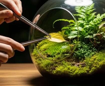 Mains utilisant une longue pince pour entretenir les plantes d'un terrarium en verre posé sur une table