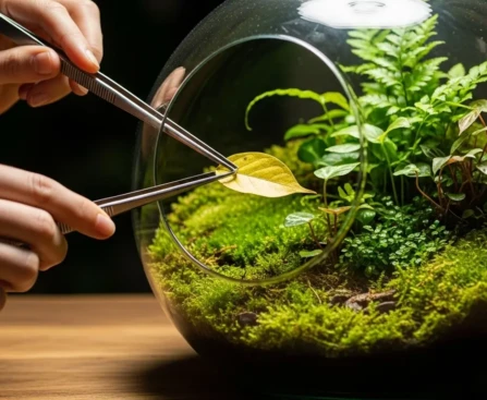 Mains utilisant une longue pince pour entretenir les plantes d'un terrarium en verre posé sur une table