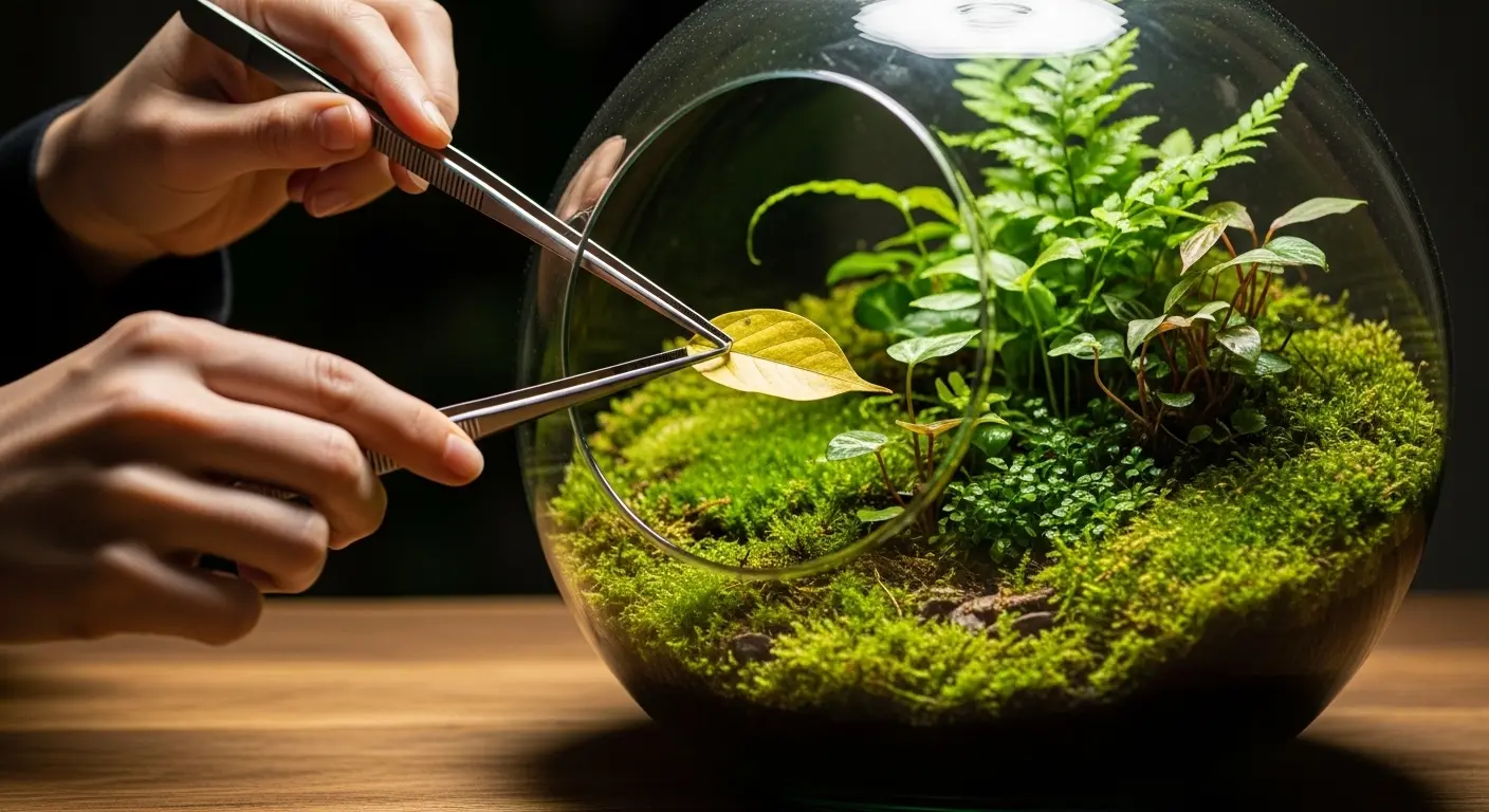 Mains utilisant une longue pince pour entretenir les plantes d'un terrarium en verre posé sur une table