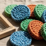 éponge tawashi colorée fabriquée à la main avec des bandes de tissus recyclés multicolores