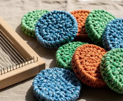 éponge tawashi colorée fabriquée à la main avec des bandes de tissus recyclés multicolores