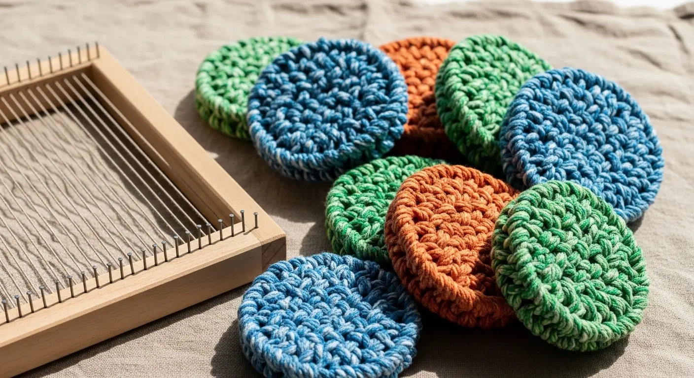 éponge tawashi colorée fabriquée à la main avec des bandes de tissus recyclés multicolores