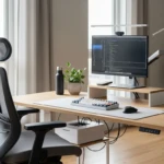 poste de télétravail ergonomique avec écran externe, siège réglable et lampe LED dans un bureau à domicile clair