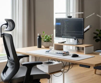 poste de télétravail ergonomique avec écran externe, siège réglable et lampe LED dans un bureau à domicile clair