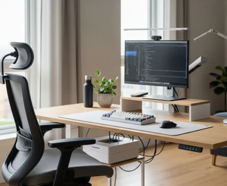 poste de télétravail ergonomique avec écran externe, siège réglable et lampe LED dans un bureau à domicile clair
