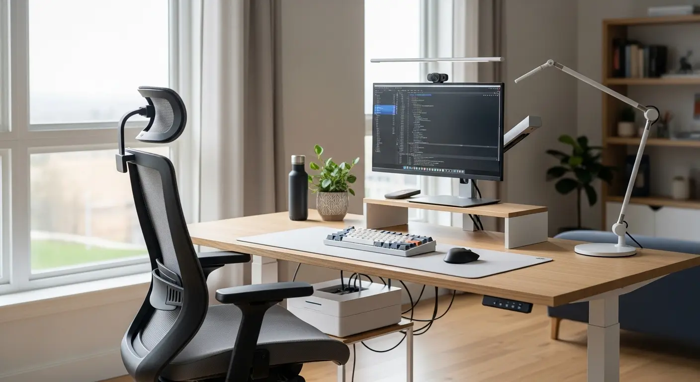 poste de télétravail ergonomique avec écran externe, siège réglable et lampe LED dans un bureau à domicile clair