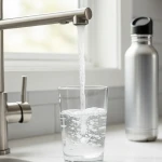 Verre d'eau du robinet et gourde en inox sur un plan de travail pour illustrer comment boire de l'eau correctement