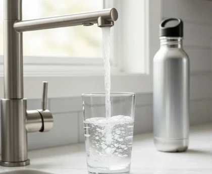 Verre d'eau du robinet et gourde en inox sur un plan de travail pour illustrer comment boire de l'eau correctement