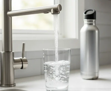 Verre d'eau du robinet et gourde en inox sur un plan de travail pour illustrer comment boire de l'eau correctement