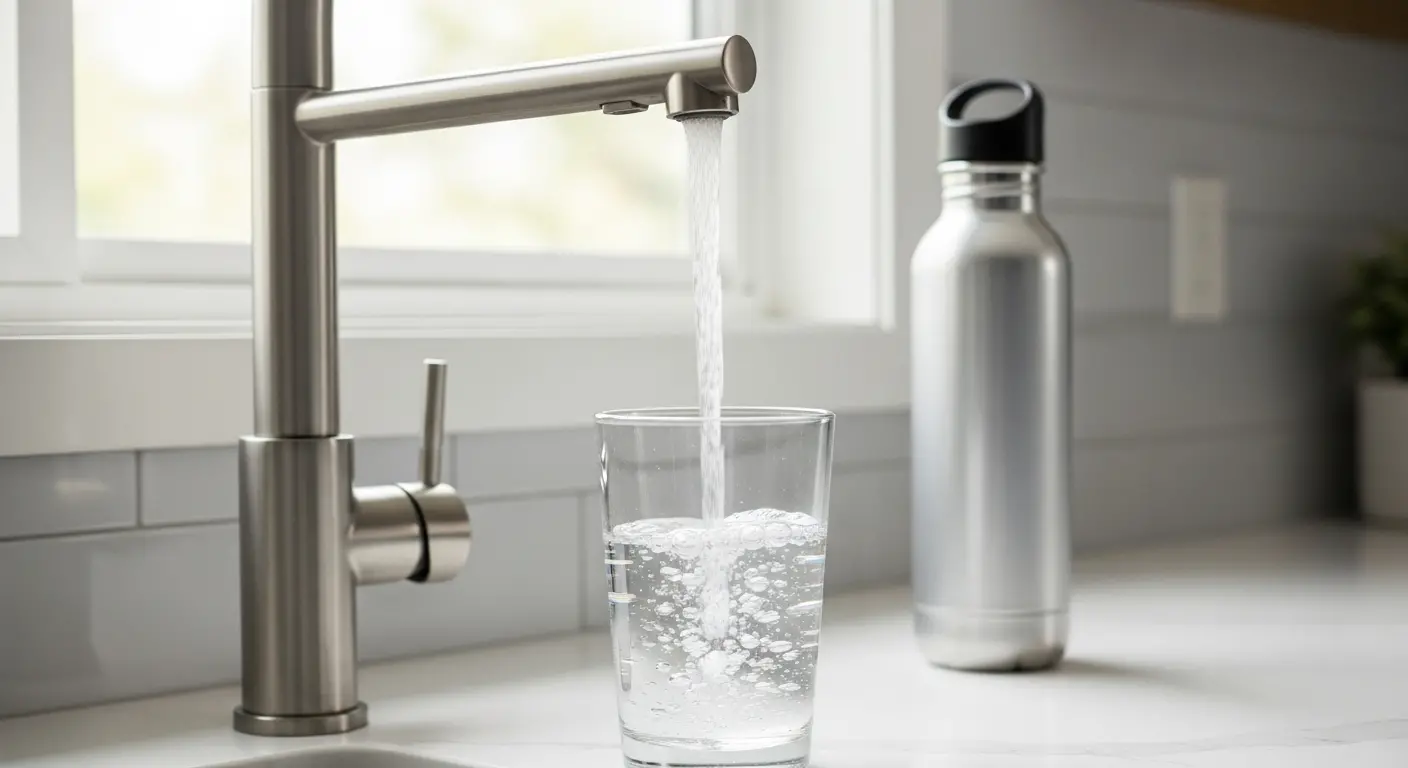 Verre d'eau du robinet et gourde en inox sur un plan de travail pour illustrer comment boire de l'eau correctement