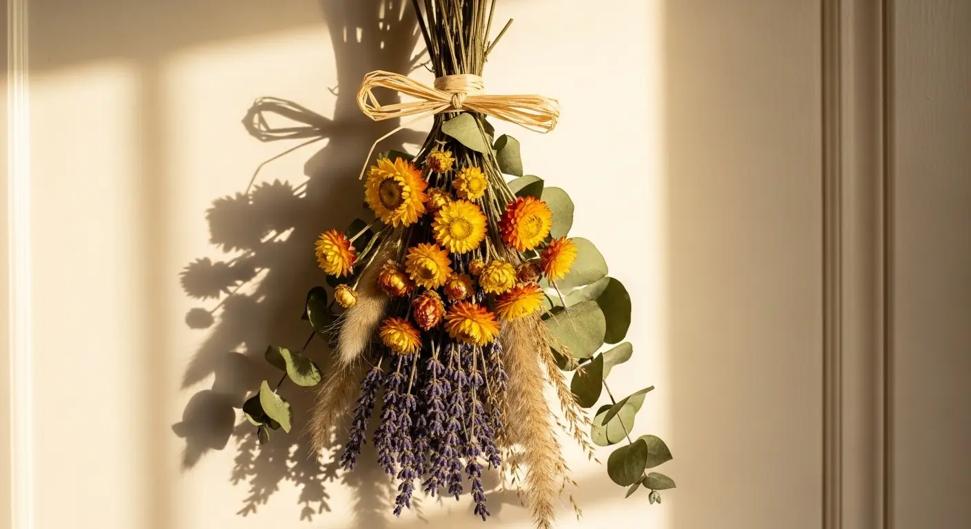 composition de fleurs séchées suspendues en bouquet avec immortelles et lavande dans un intérieur naturel