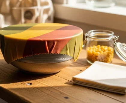 film alimentaire réutilisable à la cire d'abeille enveloppant un bol en céramique sur plan de travail en bois