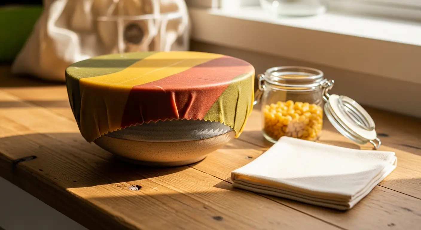 film alimentaire réutilisable à la cire d'abeille enveloppant un bol en céramique sur plan de travail en bois