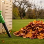 Gérer les feuilles mortes au jardin : souffleur électrique à batterie et broyeur de végétaux dans un jardin d'automne