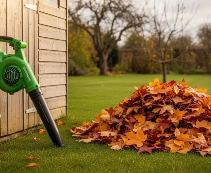 Gérer les feuilles mortes au jardin : souffleur électrique à batterie et broyeur de végétaux dans un jardin d'automne