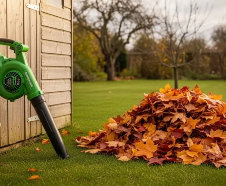 Gérer les feuilles mortes au jardin : souffleur électrique à batterie et broyeur de végétaux dans un jardin d'automne
