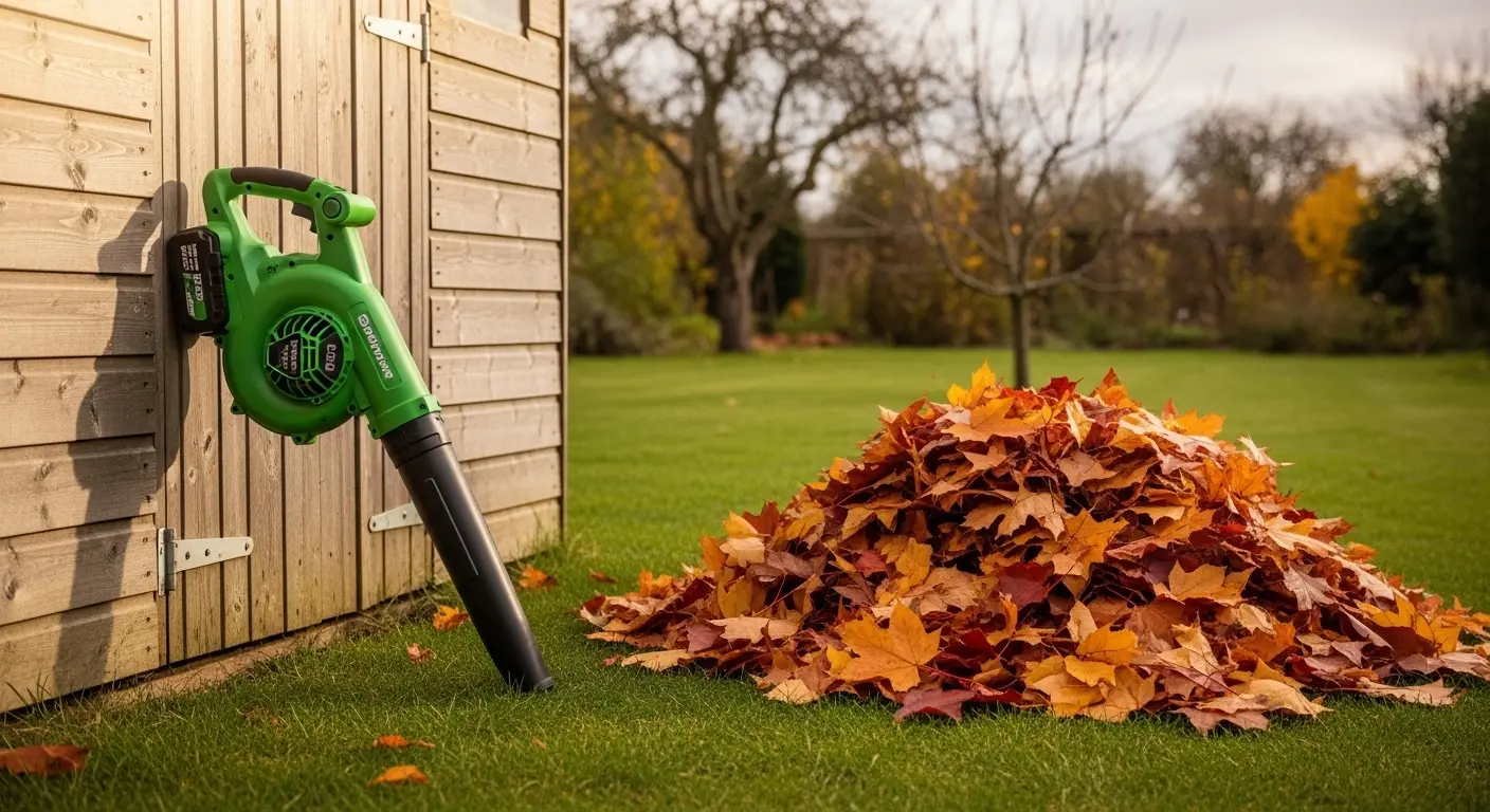 Gérer les feuilles mortes au jardin : souffleur électrique à batterie et broyeur de végétaux dans un jardin d'automne