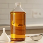 Bouteille en plastique remplie d'huile de cuisson usagée refroidie posée sur un plan de travail de cuisine