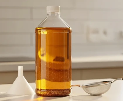 Bouteille en plastique remplie d'huile de cuisson usagée refroidie posée sur un plan de travail de cuisine