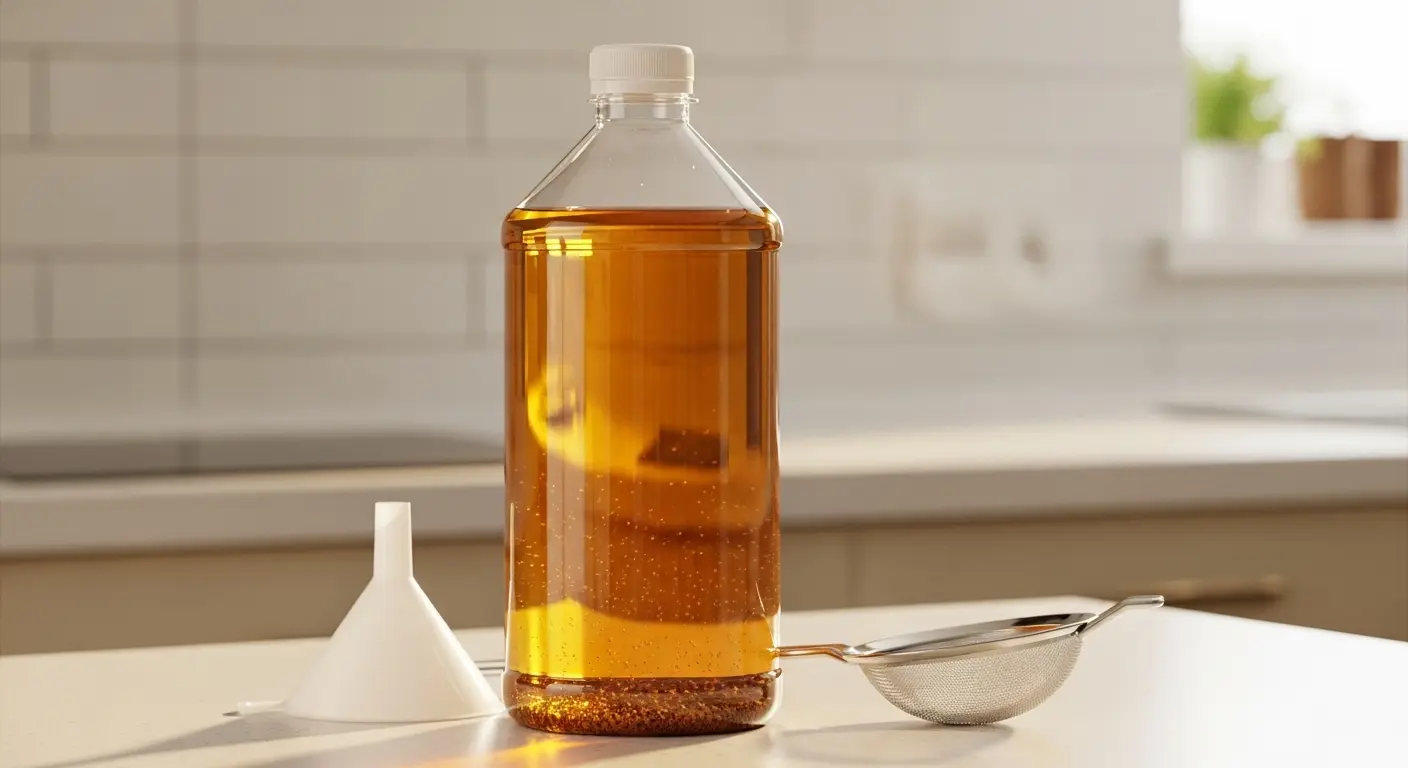 Bouteille en plastique remplie d'huile de cuisson usagée refroidie posée sur un plan de travail de cuisine