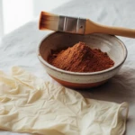 Kit coloration végétale cheveux : bol de poudre de henné, pinceau applicateur et gants posés sur une surface blanche naturelle