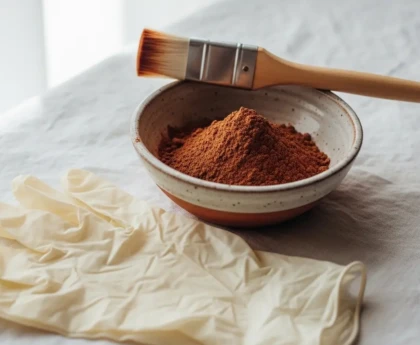 Kit coloration végétale cheveux : bol de poudre de henné, pinceau applicateur et gants posés sur une surface blanche naturelle