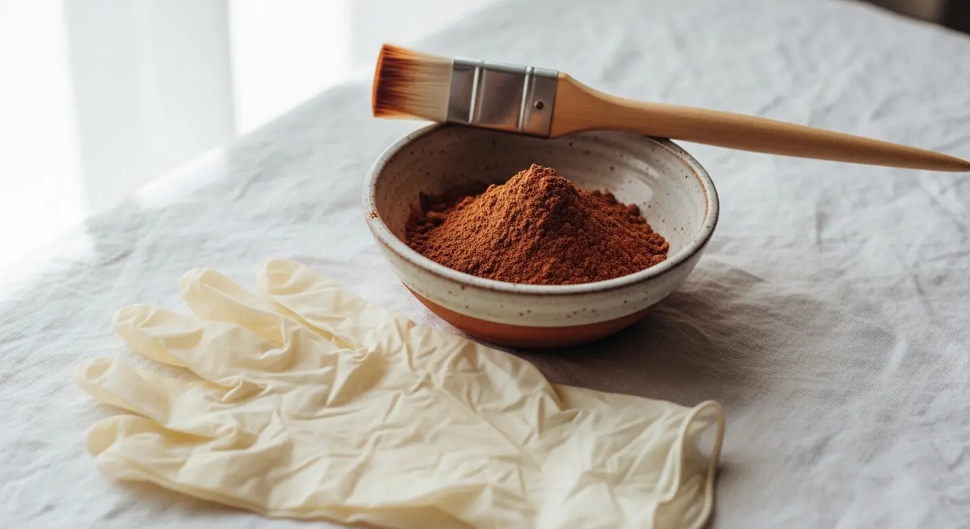 Kit coloration végétale cheveux : bol de poudre de henné, pinceau applicateur et gants posés sur une surface blanche naturelle