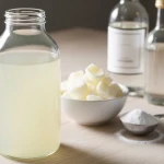 Bidon de lessive maison zéro déchet préparé avec du savon de Marseille et du bicarbonate sur un plan de travail