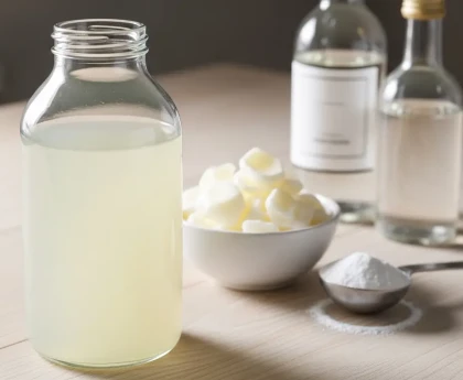 Bidon de lessive maison zéro déchet préparé avec du savon de Marseille et du bicarbonate sur un plan de travail