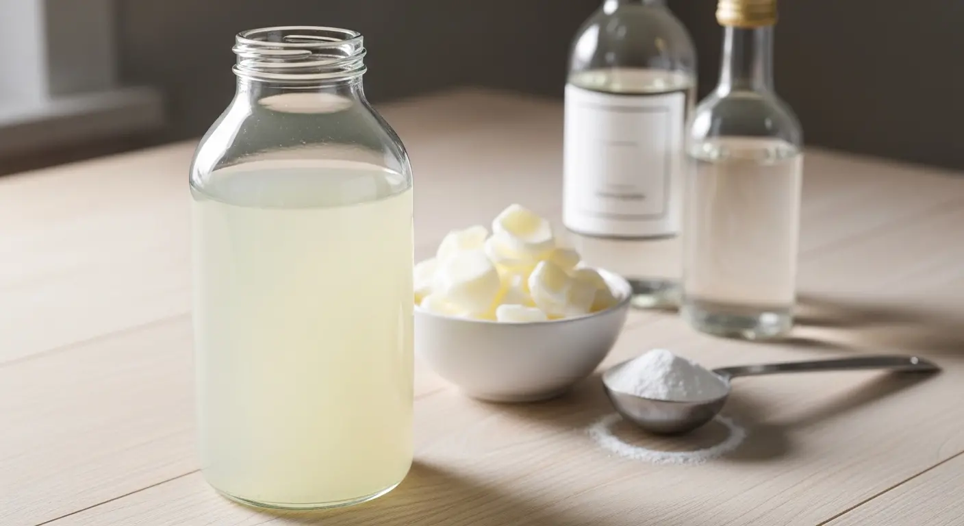 Bidon de lessive maison zéro déchet préparé avec du savon de Marseille et du bicarbonate sur un plan de travail